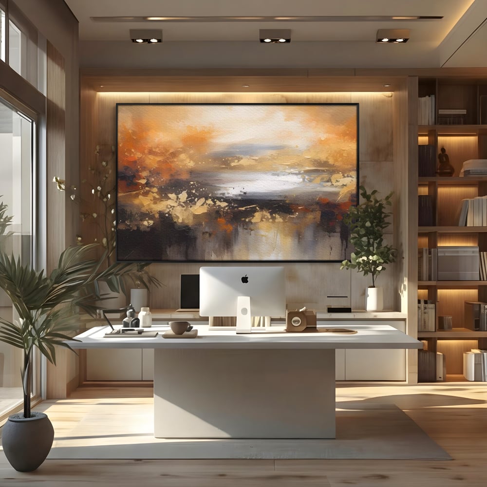 Tablou canvas cu tablou canvas peisaj abstract orizontal, in rama de aluminiu negru, pe perete intr-un birou